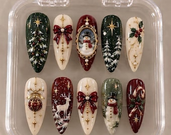 Vintage Christmas Press On Nails, Red Green Gold Holiday Nails, Santa Snowman Nail Art, Handmade Christmas Tree Fake Nails