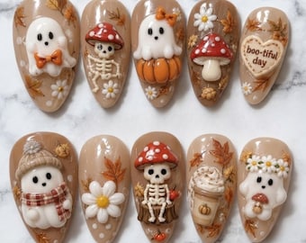 Cute Autumn Ghost Press On Nails, Handmade 3D Pumpkin Mushroom Skeleton Fall Coffee, Halloween Custom Glue On Nails
