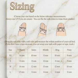 May include: A sizing guide for nail plate measurements. The guide includes illustrations of how to measure nails, along with a table detailing sizes XS to L, and measurements in millimeters for thumb, index, middle, ring, and pinky fingers.