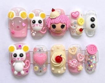 Lal.aloo.p.sy Doll Press on Nails, Kawaii Mouse Aesthetic Fake Nails, 3D Charm Short Square Glue on Nails, Handmade Custom Luxury Set