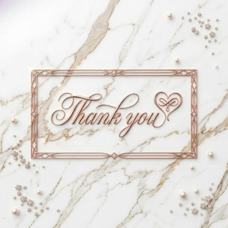 May include: A rose gold rectangular frame with the words "Thank you" in elegant cursive script. The frame is on a white marble surface, adorned with scattered pearls and diamond-like embellishments.