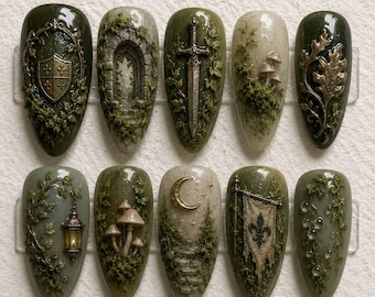 Dark Academia Press On Nails, Olive Green Gothic 3D Nail Art, Antique Botanical Medieval Nails, Witchy Handmade Gel Nails
