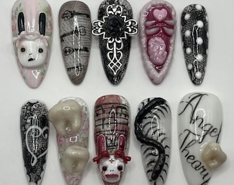 Dark Gothic Horror Core Press On Nails | 3D Teeth, Bloody Rabbit & Silver Cross | Angel Theory Aesthetic | Emo Alt Mood | Long Almond Shape