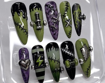 Stitched Monster Press On Nails, Gothic Halloween Nails, Patchwork Creature Nail Art, Olive Green Purple Hand Painted Fake Nails