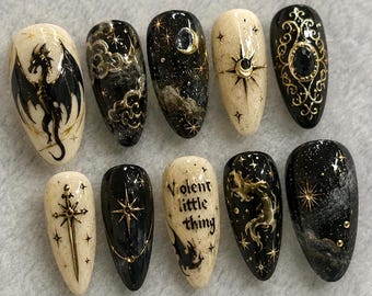 Gothic Black Gold Press On Nails, Vintage Baroque Nails, Celestial Witchy Hand Painted Fake Nails, Dark Academia Nails