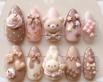 Kawaii Chocolate Teddy Bear Press On Nails – Cute 3D Bunny Dessert Nails, Sweet Brown Pink Nails, Coquette Bow Nail Art, Handmade Gel Nails