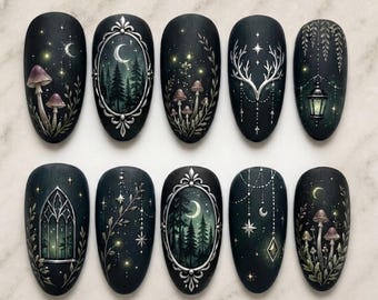 Dark Forest Press On Nails, Gothic Mushroom Nails, Celestial Moon Nail Art, Cottagecore Forest Hand Painted Fake Nails
