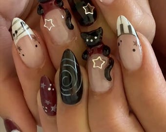 3D Cat Coffee Bean Press On Nails, Kawaii Handmade Gel Fake Nails