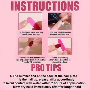 May include: Pink graphic with nail application instructions. Steps include buffing nails, choosing stickers, selecting nails, and shaping edges. Text reads "INSTRUCTIONS" and "PRO TIPS" with additional advice.