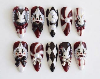 Creepy Clown Press on Nails, 3D Gothic Bunny Nail Art, Dark Aesthetic Fake Nails, Handmade Spooky Nails, Unique Circus Theme, Gift For Her
