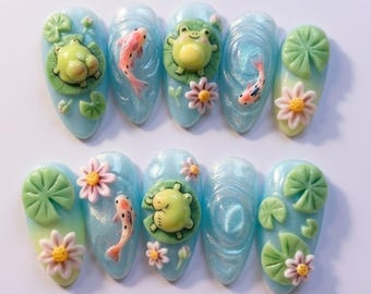 Zen Pond Kawaii Press On Nails | 3D Frog & Koi Fish Lotus | Y2K Pastel Blue Summer | Cute Gift Whimsical Mood | Medium Almond Fake Nails