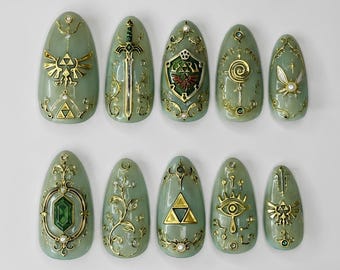 Zelda Inspired Press On Nails, Fantasy Green Gold Filigree Nails, Fairy Forest 3D Handmade Nails, Magical Gamer Gift