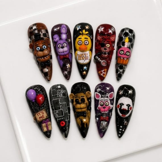 FNAF Horror Game Inspired Animatronic Press On Nails, 3D Handmade Black Checkerboard Gothic Halloween Nail Set