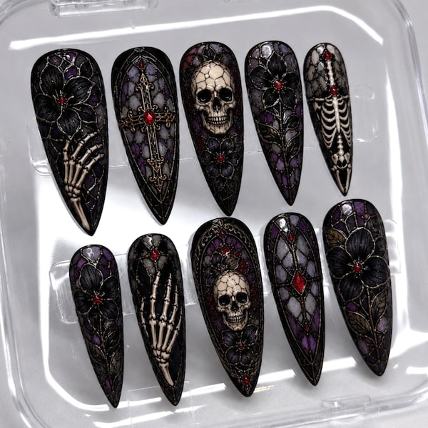 Gothic Stained Glass Press On Nails, Skull Skeleton Nails, Purple Black Floral 3D Handmade Halloween Nail Set