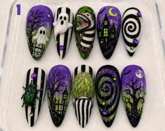 Gothic Halloween Press On Nails, Purple Ghost Nail Art, Spooky 3D Haunted Forest Nails, Black Green Handmade Gel Fake Nails