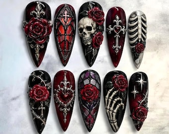 Gothic Rose Skull Press On Nails, Black Red 3D Cross Coffin Nails, Hand Painted Gothic Luxury Halloween Glue On Nails