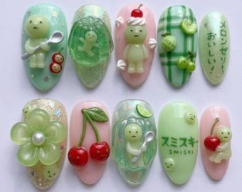Smiski Kawaii Press On Nails | 3D Jelly Figure & Fruit Charms | Pastel Green Summer | Quirky Fun Mood | Medium Almond Custom Glue On Nails