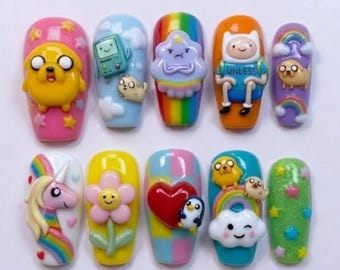 Kidcore Cartoon Press On Nails | 3D Rainbow Kawaii Kidcore Aesthetic | Fun Birthday Party | Long Coffin Nails