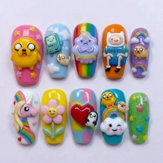 Kidcore Cartoon Press On Nails | 3D Rainbow Kawaii Kidcore Aesthetic | Fun Birthday Party | Long Coffin Nails