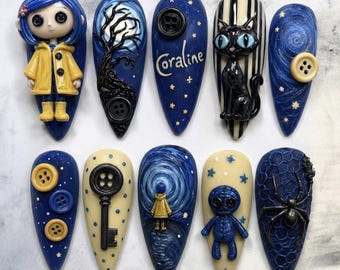 Coraline Inspired Press On Nails, Handmade 3D Blue Button Cat Fantasy Nails, Spooky Cute Gothic Art Nail Set