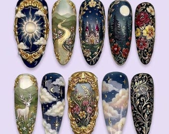 Vintage Baroque Aesthetic Press on Nails | Antique Landscape Fake Nails | 3D Gold Frame Almond Glue on Nails Luxury Handmade Set