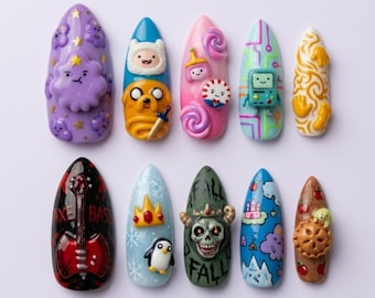 Unghie finte con estetica da cartone animato di Adventure Time / Icone di Finn, Jake, BMO e Gunter / Set di lusso fatto a mano con ascia del Re dei Lich, basso e mandorla in 3D