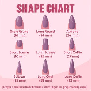 May include: A pink shape chart displays nine nail shapes: Short Round, Long Round, Almond, Short Square, Long Square, Short Coffin, Stiletto, Long Oval, and Long Coffin. Each shape is illustrated with a purple nail and its length in millimeters.