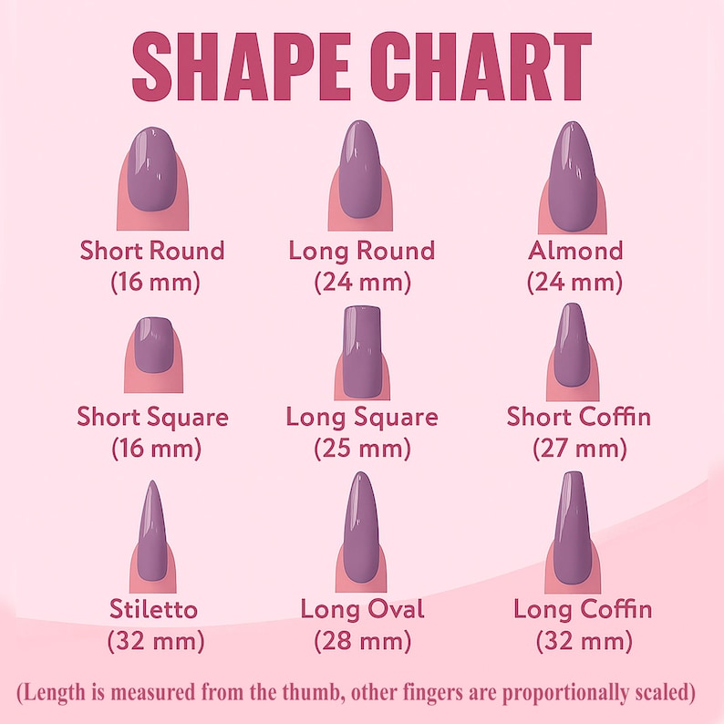 May include: A pink shape chart displays nine nail shapes: Short Round, Long Round, Almond, Short Square, Long Square, Short Coffin, Stiletto, Long Oval, and Long Coffin. Each shape is illustrated with a purple nail and its length in millimeters.