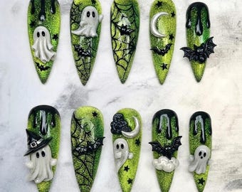 Green Halloween Ghost Press On Nails, Handmade 3D Bat Spider Web Nails, Glitter Slime Spooky Fake Nails