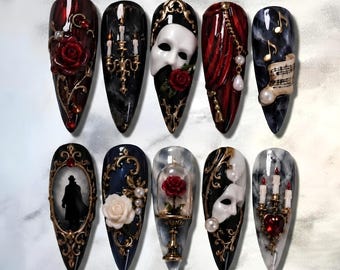 Phantom of the Opera Gothic Press On Nails, Opera Mask Rose Victorian 3D Nails, Dark Romantic Handmade Glue On Nail Set