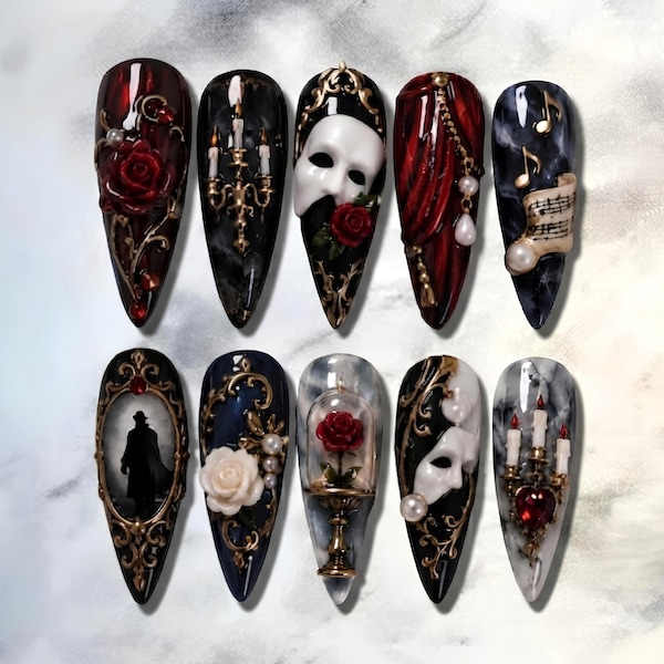 Phantom of the Opera Gothic Press On Nails, Opera Mask Rose Victorian 3D Nails, Dark Romantic Handmade Glue On Nail Set