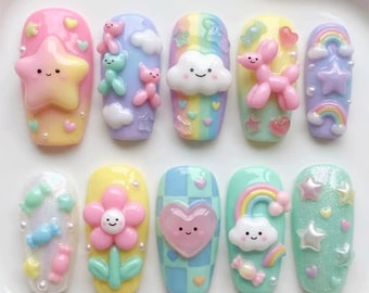 Pastel Rainbow Kawaii Press On Nails – Cute 3D Cloud Star Balloon Dog Nails, Dreamy Candy Nails, Y2K Colorful Nail Art, Handmade Gel Nails
