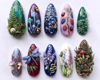 Enchanted Forest Press on Nails, 3D Botanical Nail Art, Fairy Tale Fake Nails, Handmade Aesthetic Nails, Unique Nature Theme, Gift for Her