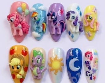 My Little Pony Custom Press On Nails | 3D Pinkie Pie & Twilight Sparkle Charms | Rainbow Pastel Kawaii Aesthetic | Party Gift | Almond Nails