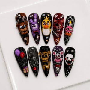 FNAF Horror Game Inspired Animatronic Press On Nails, 3D Handmade Black Checkerboard Gothic Halloween Nail Set image 1