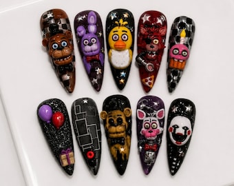FNAF Horror Game Inspired Animatronic Press On Nails, 3D Handmade Black Checkerboard Gothic Halloween Nail Set