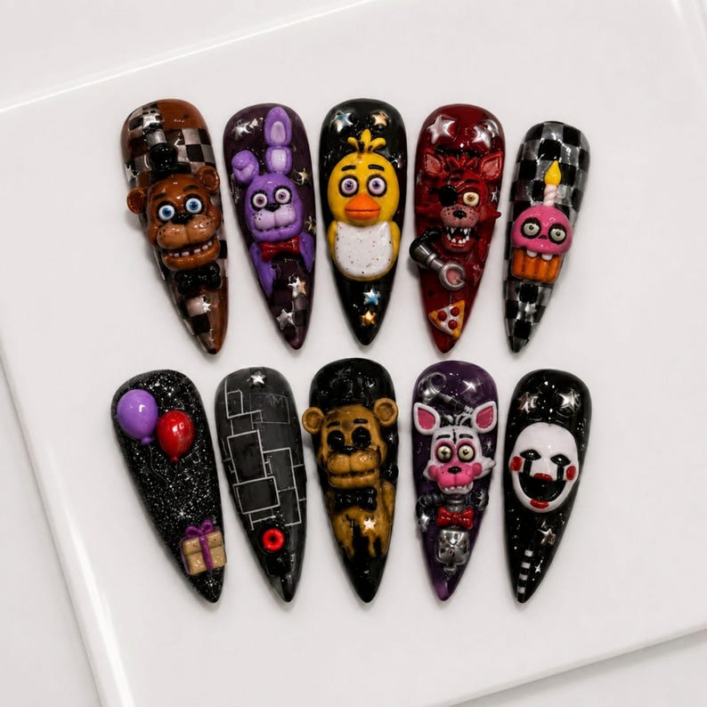 FNAF Horror Game Inspired Animatronic Press On Nails, 3D Handmade Black Checkerboard Gothic Halloween Nail Set image 1