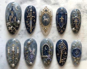 Medieval Fantasy Press On Nails, Fairytale Castle Sword Fairy Key Handmade Fake Nails, Enchanted Royal Blue Nail Set