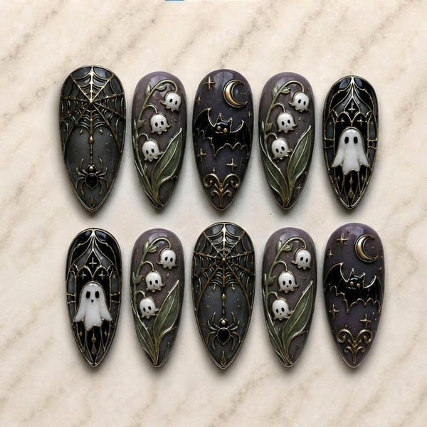 Gothic Lily Ghost Halloween Press On Nails, Spooky Black Nails, Spider Web Nail Art, Dark Gothic 3D Nails, Hand Painted Nails