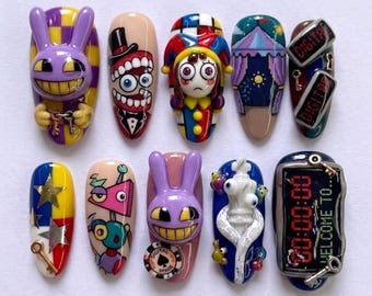 Digital Circus Press on Nails | TADC Fake Nails | 3D Jax Pomni Almond Glue on Nails Handmade Luxury Set