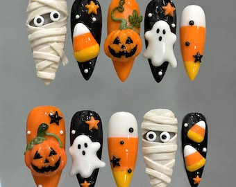 Cute Halloween Press On Nails, 3D Ghost Pumpkin Mummy Candy Corn Nails, Spooky Kawaii Handmade Fall Fake Nails