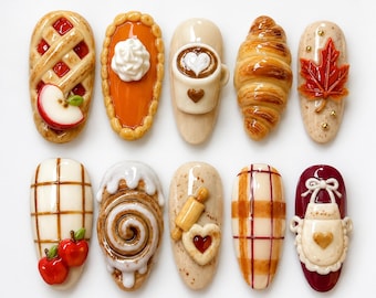Cozy Bakery Press On Nails, Autumn 3D Food Nail Art, Croissant Pie Coffee Plaid Nails, Handmade Fall Gel Fake Nails