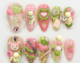 Kawaii Smiski Sweets Press On Nails | 3D Glow Figure, Strawberry, Dango Charms | Pink & Green Pastel Aesthetic | Fun Cute Mood | Almond Set
