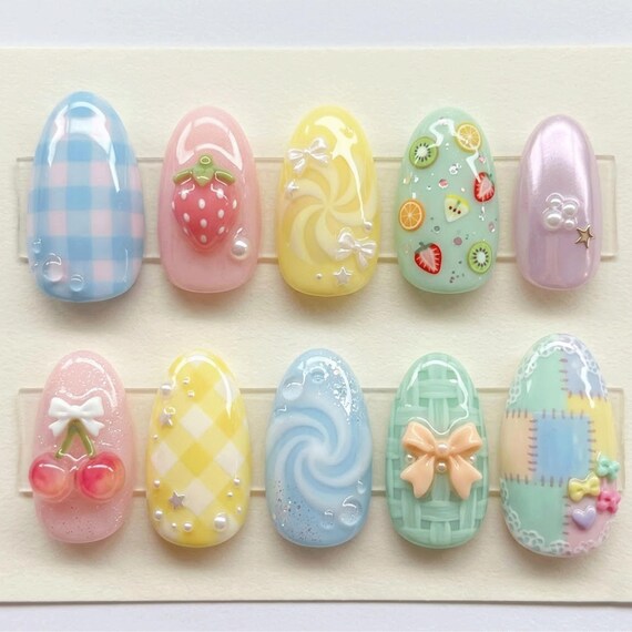 Pastel Kawaii Press On Nails, Cute 3D Fruit & Bow Nail Set, Jelly Glossy Nails, Handmade Spring Summer Nails, Strawberry Cherry Nail Art