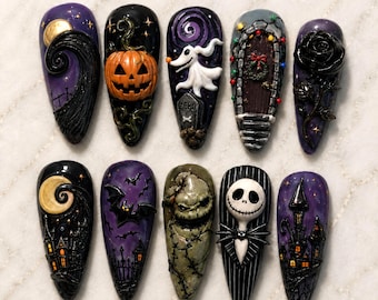 Gothic Cartoon Halloween Press On Nails, Spooky Ghost & Skeleton Nail Art, Black Purple Stiletto Nails, Dark Handmade 3D Nails