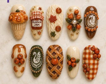 Cozy Autumn Cake Press On Nails, 3D Pumpkin Nail Art, Brown Orange Plaid Fall Nails, Handmade Harvest Gel Fake Nails