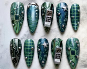 Retro Tech Circuit Press On Nails, Y2K Cyber Green 3D Cell Phone Chrome Handmade Fake Nails, Futuristic Grunge Set