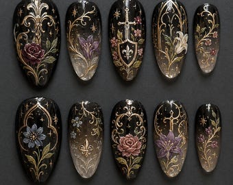 Gothic Floral Press On Nails, Black Vintage Baroque Nail Art, Antique Gold Rose Nails, Dark Romantic Handmade Gel Fake Nails