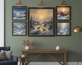 Winter Wonderland Digital Art Pack – 5 Cozy Snowy Landscapes, Oil Painting Style, JPG & PDF