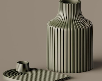 Ribbed Vase & Tealight Candle Holder STL Set | Minimalist Curved Tray | Modern 3D Printable Decor